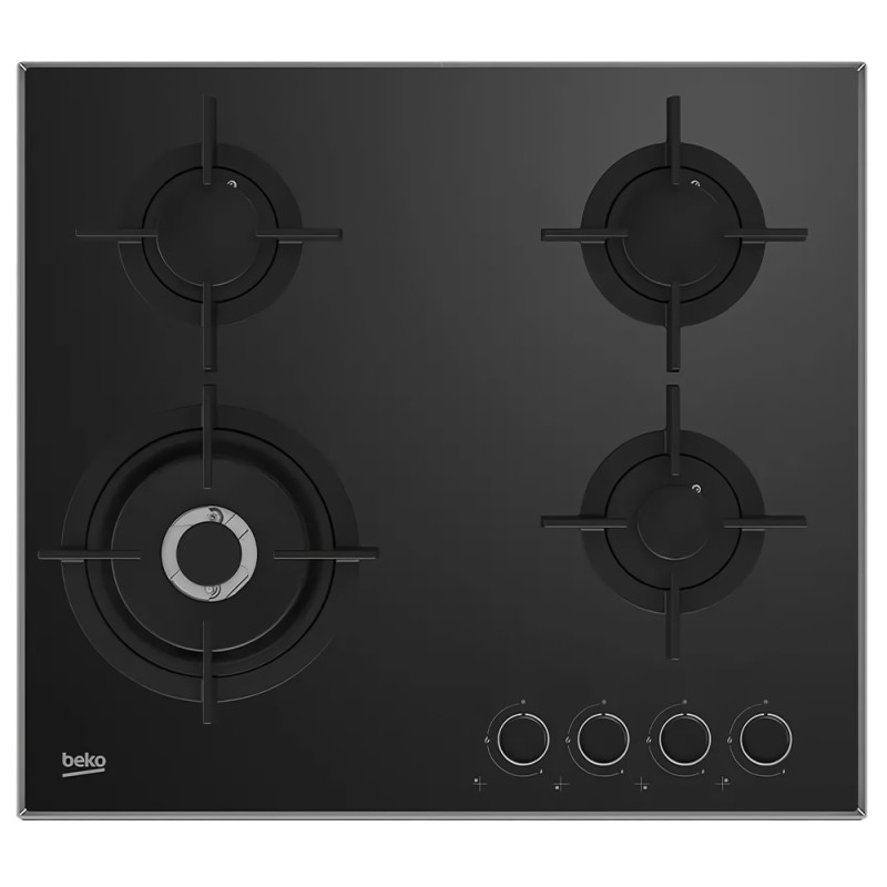 Beko HCLW64222S plaque de cuisson encastrable 4 feux, surface en verre noir, 3 brûleurs gaz + 1 brûleur Wok