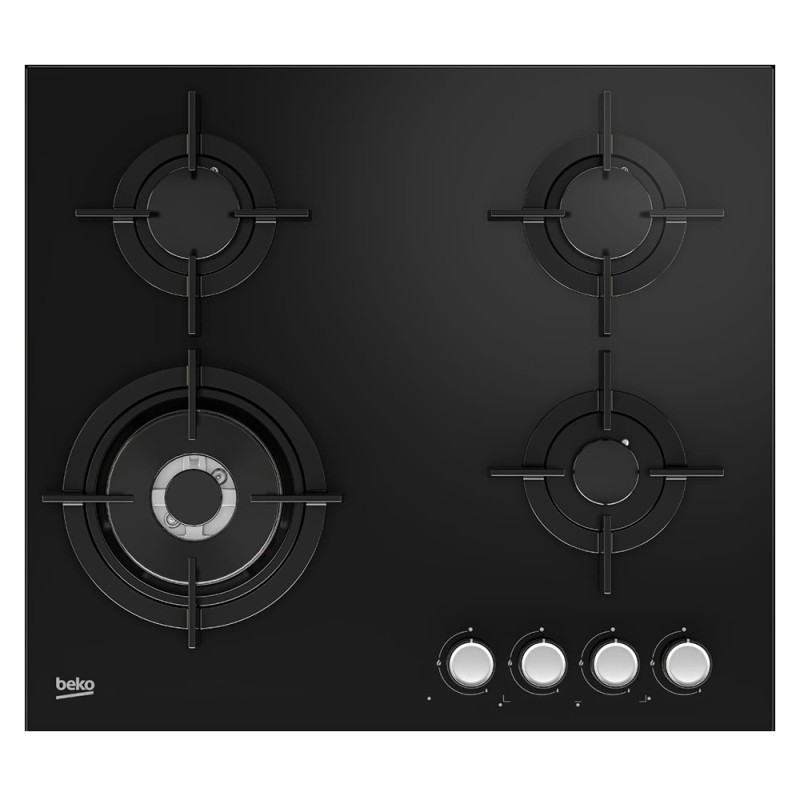 Beko HCLW64222S plaque de cuisson encastrable 4 feux, surface en verre noir, 3 brûleurs gaz + 1 brûleur Wok