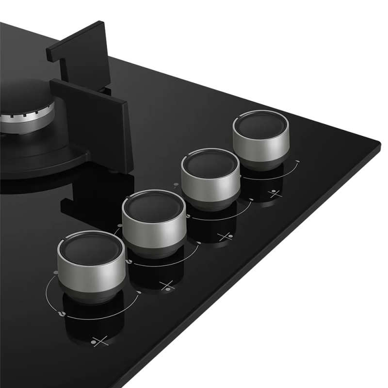 Beko HCLW64222S plaque de cuisson encastrable 4 feux, surface en verre noir, 3 brûleurs gaz + 1 brûleur Wok