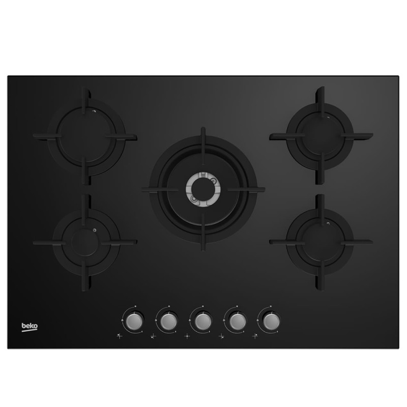 Beko HILW75222SL plaque de cuisson encastrable à gaz 5 foyers noir - 4 brûleurs gaz et 1 brûleur wok central allumage intégré