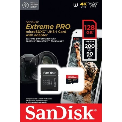 Sandisk 128 Go Extrême PRO, micro carte SD SDHC et SDXC, jusqu'à 200 Mo/s + port SD